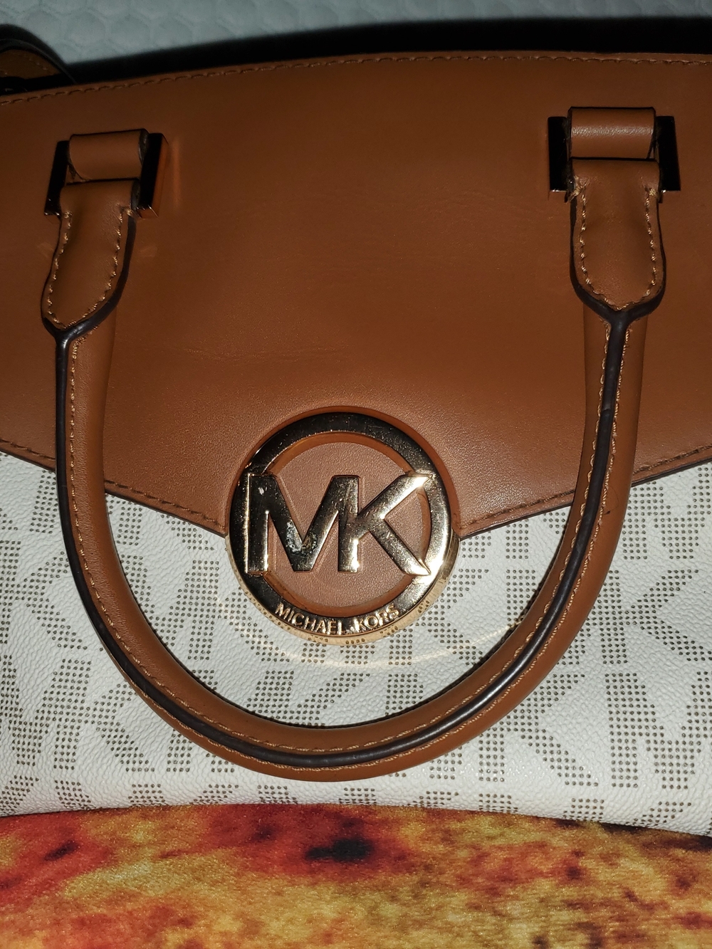 Michael Kors Tan and White Logo Canvas Satchel